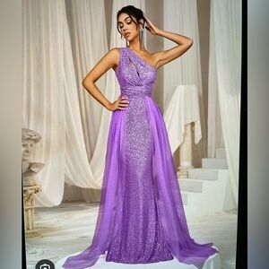 Faeriesty Elegant Purple One-Shoulder Evening Gown with Mesh Overlay. Size 3X